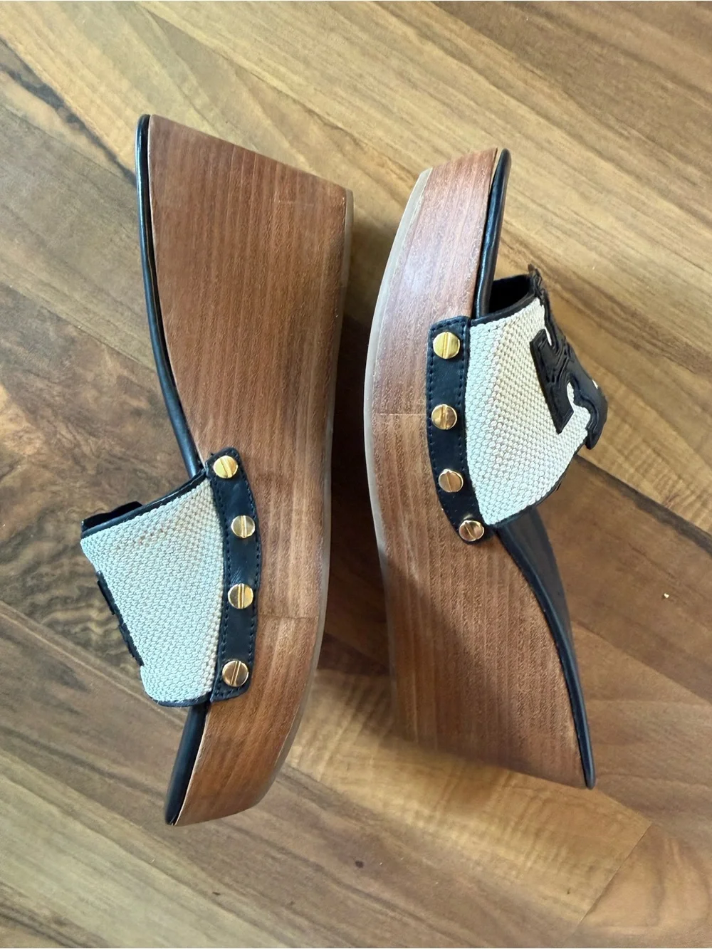 Tory Burch Ines Wedge Slide Sandals - Black & Natural, Size 7.5